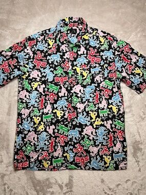 H&M x Keith Haring Shirt Mens S Short Sleeve Button Up Colorful Art AOP Graphic